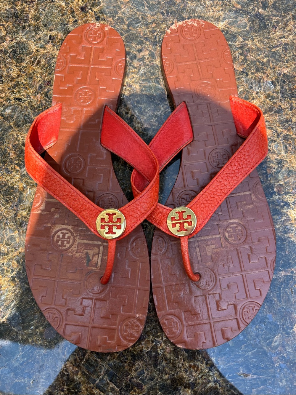 Tory Burch Orange Leather Logo Flip Flop Thong Sandals Women size 10 - Picture 2 of 5